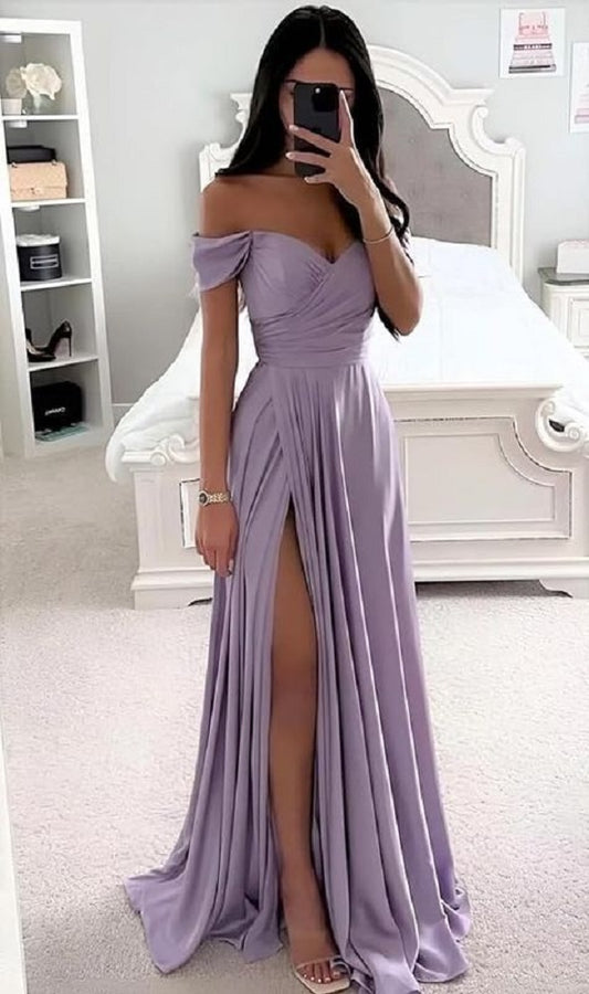 Simple Wedding Guest Dresses Floor Length Prom Evening Gown with Split