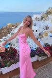 Spaghetti Straps Pink Long Satin Formal Evening Dress with Slit