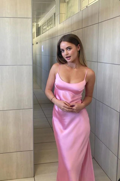 Spaghetti Straps Pink Long Satin Formal Evening Dress with Slit