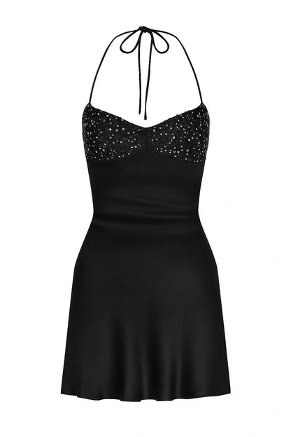 Spaghetti Straps Purple A-line Short Dress with Sequins Open Back