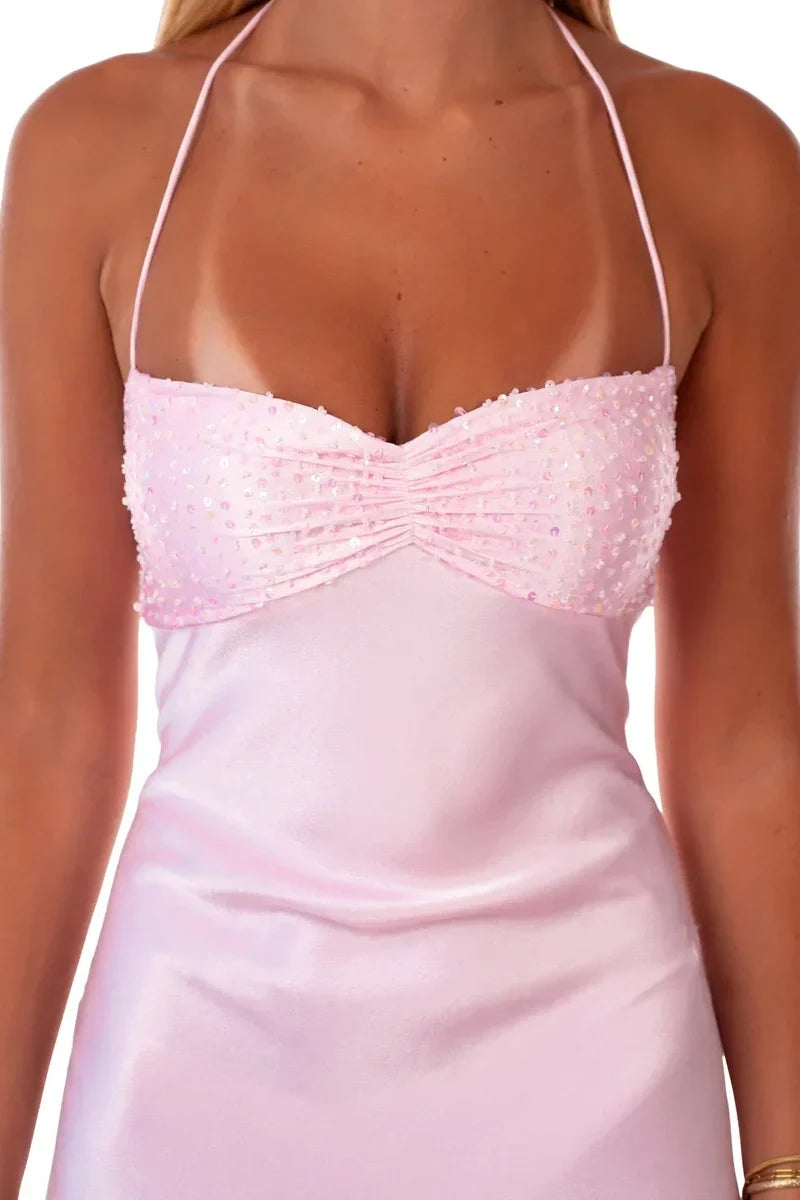 Spaghetti Straps Purple A-line Short Dress with Sequins Open Back