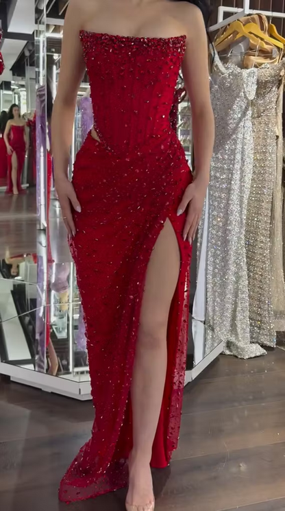 Sparkly Red Strapless Leg Slit Prom Dress Column Rhinestone Formal Gown