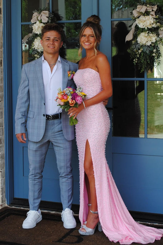 Sparkly Pink Pearl Long Prom Dress Side Slit Graduation Dresses