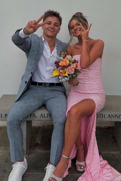 Sparkly Pink Pearl Long Prom Dress Side Slit Graduation Dresses