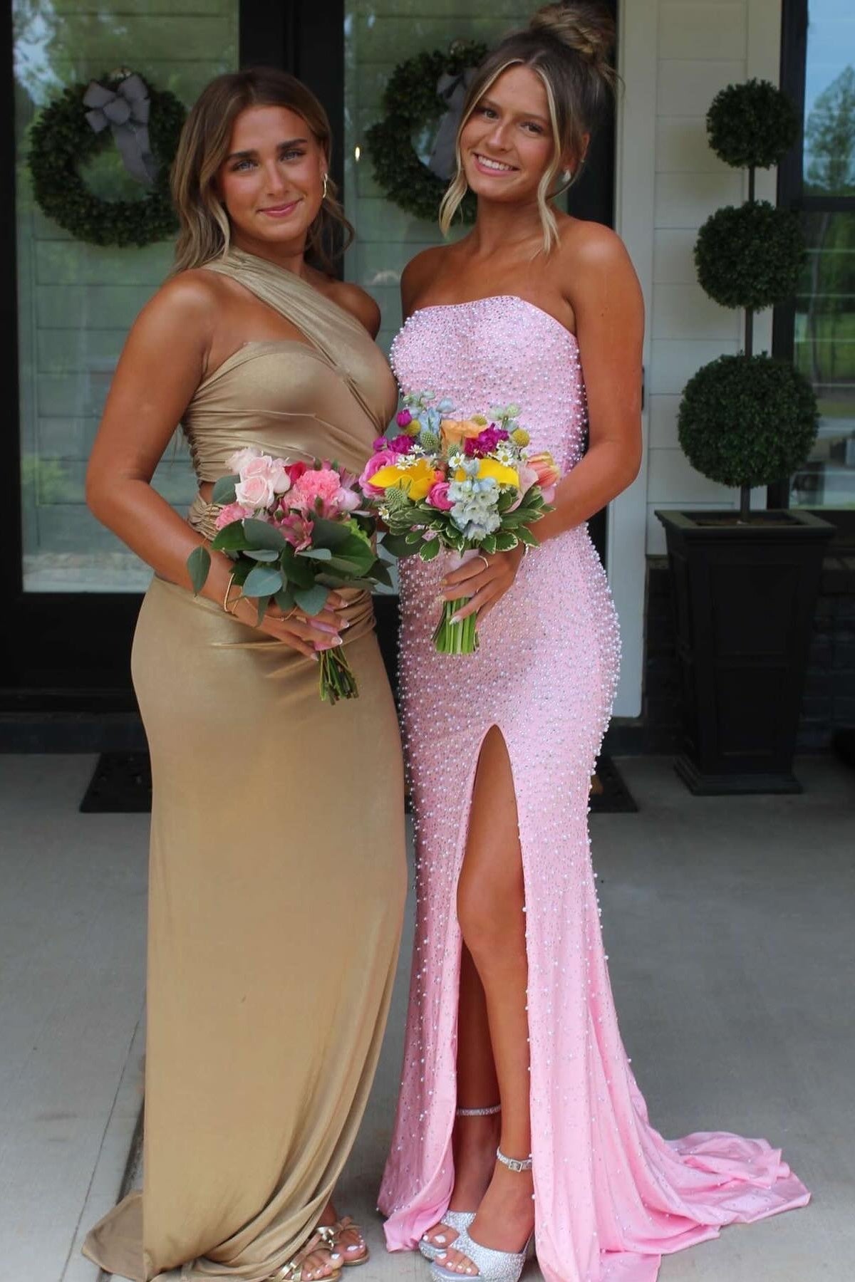 Sparkly Pink Pearl Long Prom Dress Side Slit Graduation Dresses
