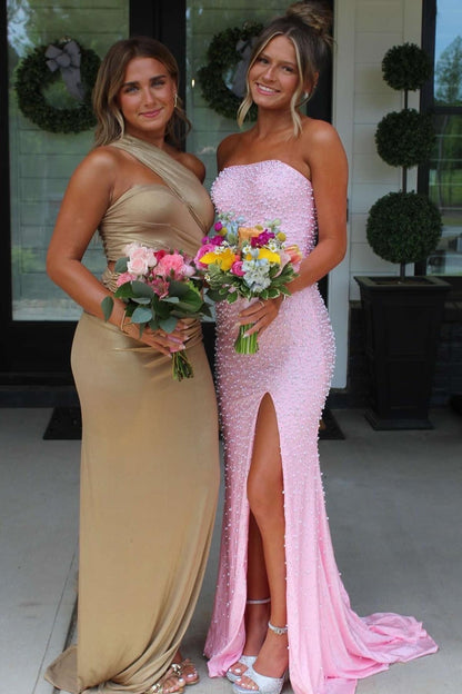 Sparkly Pink Pearl Long Prom Dress Side Slit Graduation Dresses