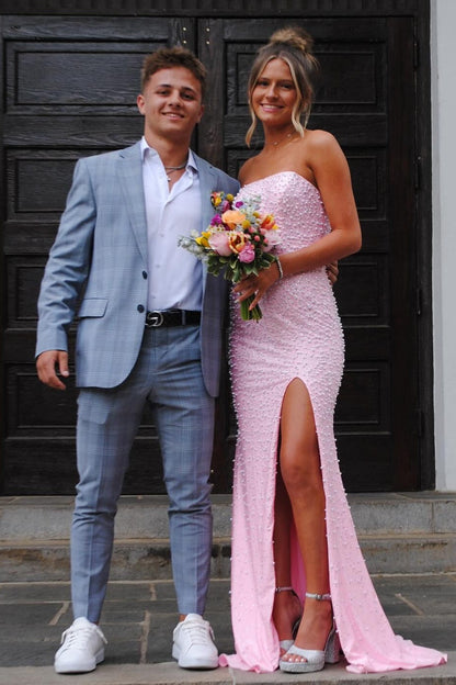 Sparkly Pink Pearl Long Prom Dress Side Slit Graduation Dresses