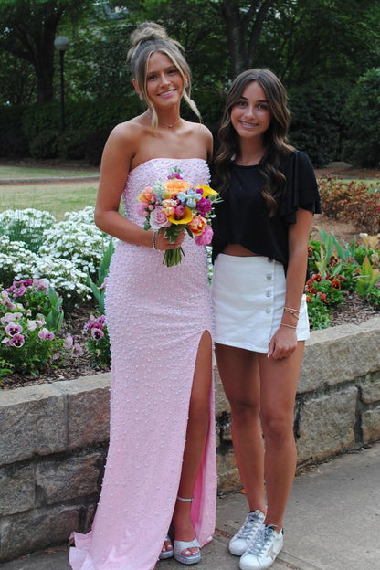 Sparkly Pink Pearl Long Prom Dress Side Slit Graduation Dresses