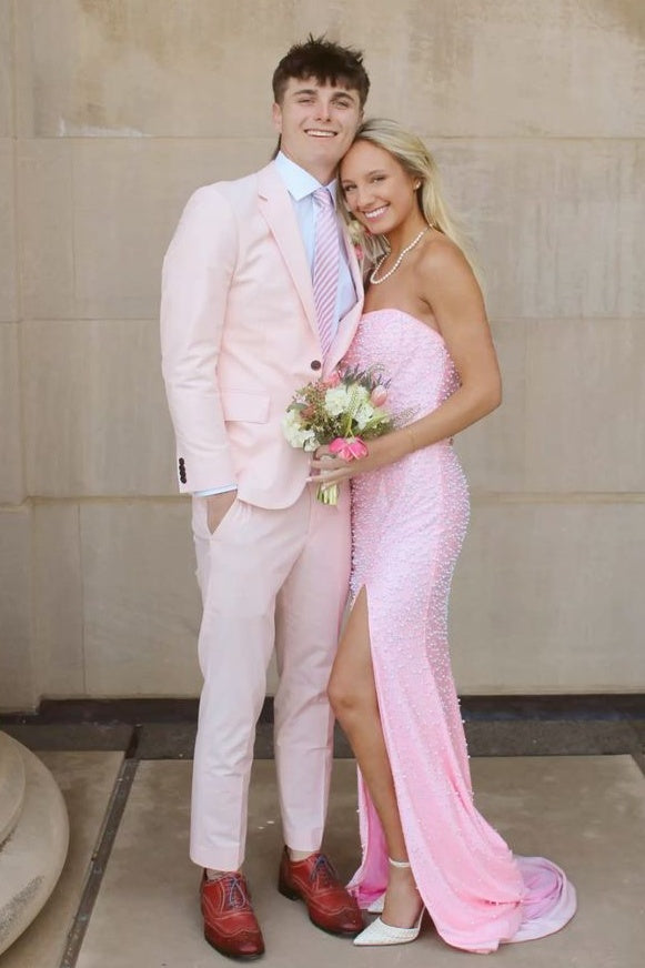 Sparkly Pink Pearl Long Prom Dress Side Slit Graduation Dresses