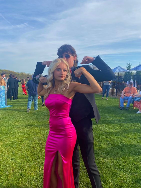 elegant strapless prom dress with slit