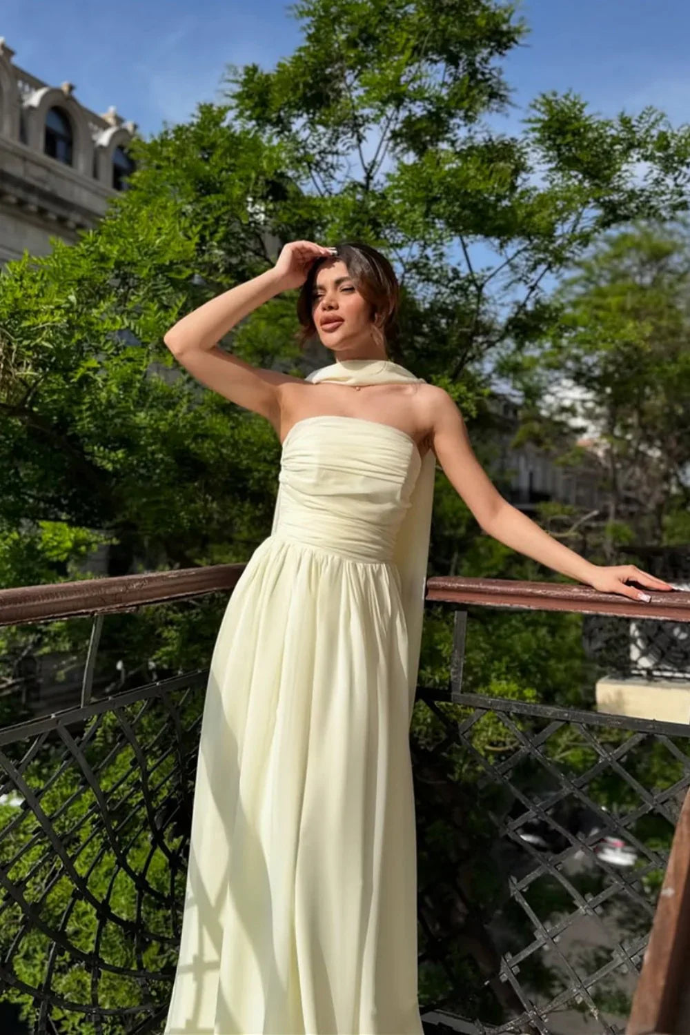 Strapless A-Line Chiffon Long Maxi Dresses Wedding Guest Dress With Scarf