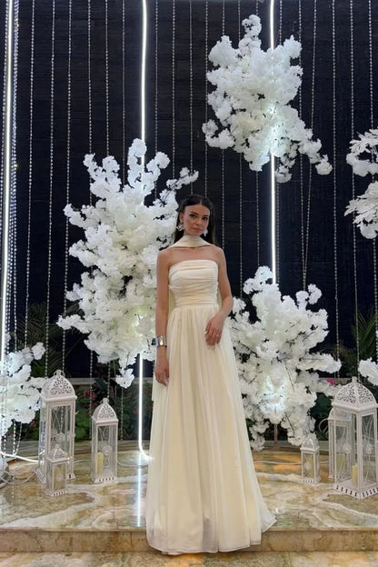 Strapless A-Line Chiffon Long Maxi Dresses Wedding Guest Dress With Scarf