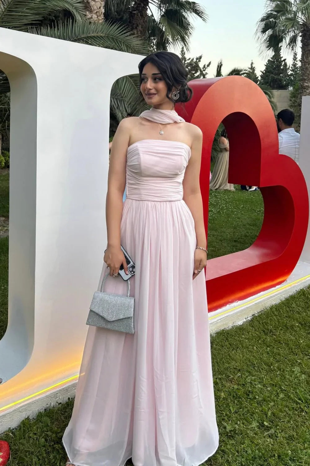 Strapless A-Line Chiffon Long Maxi Dresses Wedding Guest Dress With Scarf