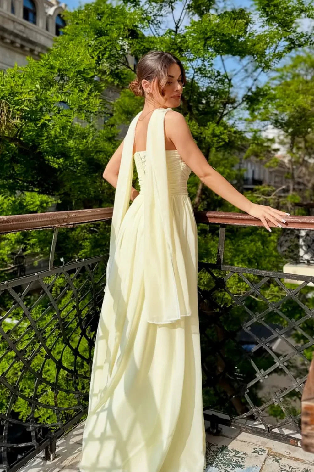 Strapless A-Line Chiffon Long Maxi Dresses Wedding Guest Dress With Scarf