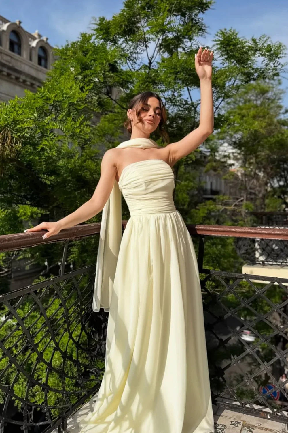 Strapless A-Line Chiffon Long Maxi Dresses Wedding Guest Dress With Scarf