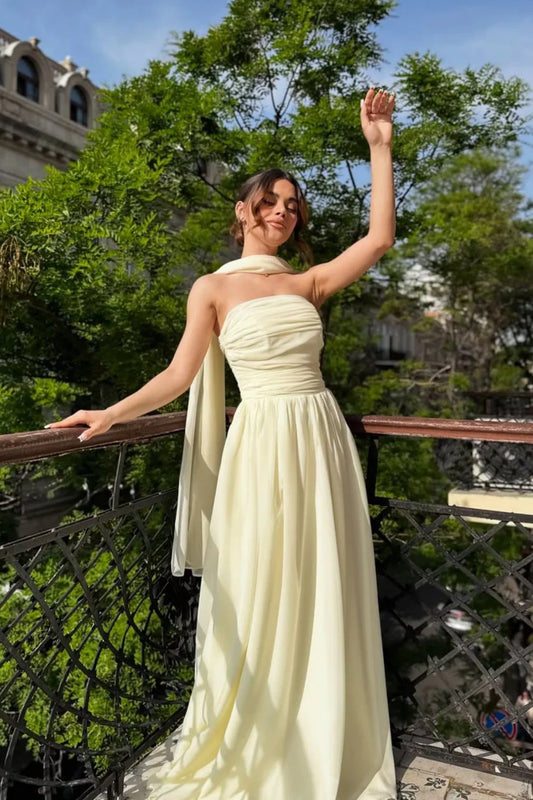 Strapless A-Line Chiffon Long Maxi Dresses Wedding Guest Dress With Scarf