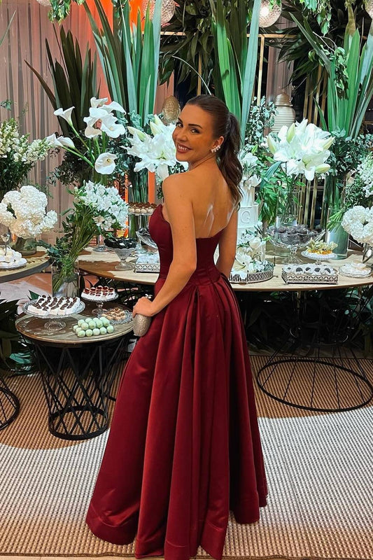 Strapless Burgundy Pleated Long Dress with Slit Formal Evening Dresses