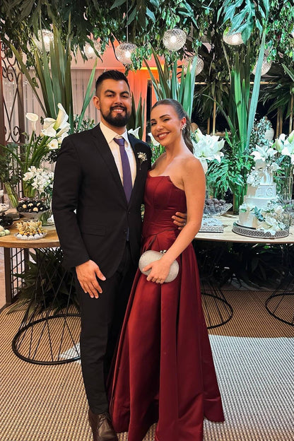 Strapless Burgundy Pleated Long Dress with Slit Formal Evening Dresses