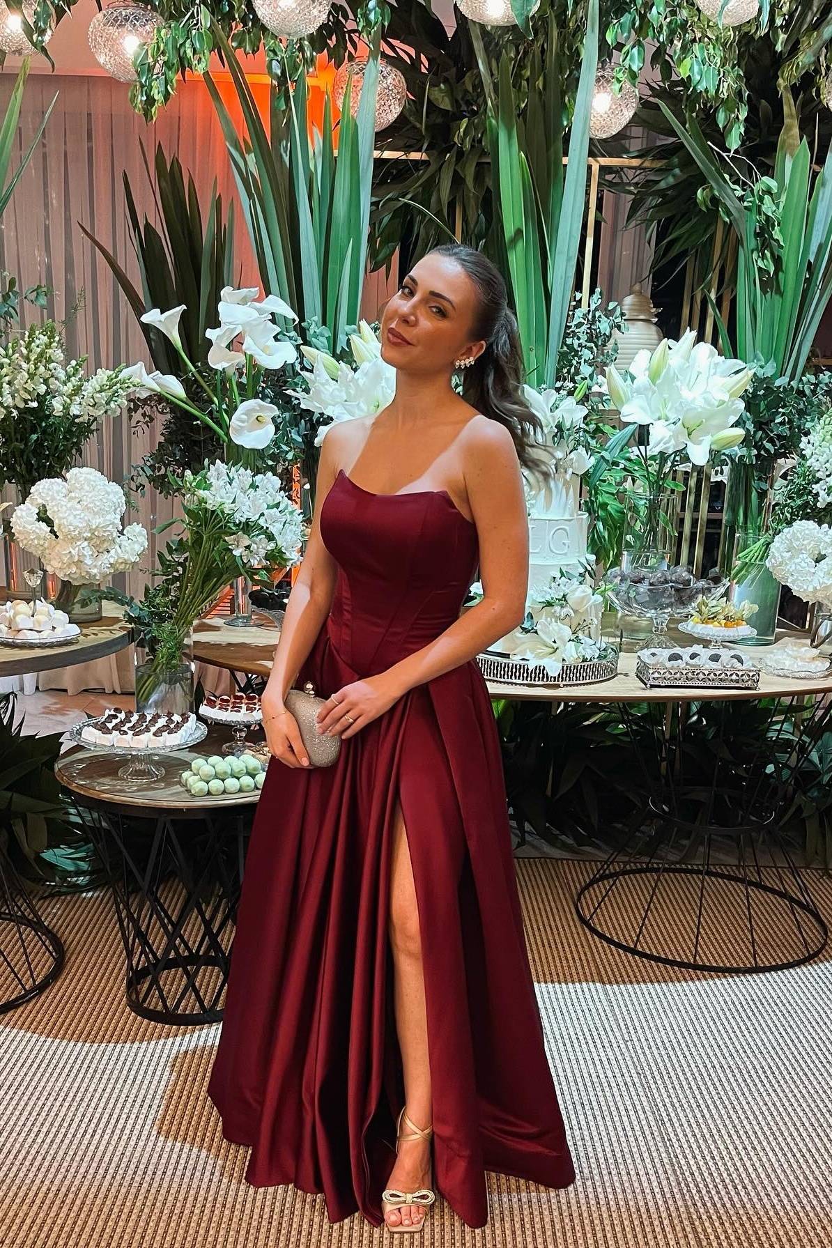 Strapless Burgundy Pleated Long Dress with Slit Formal Evening Dresses