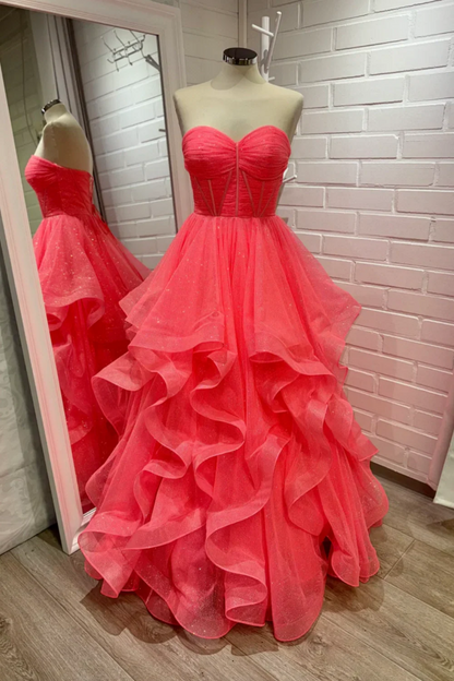 Strapless Coral Ruffle Tiered Sparkle Tulle Long Dress