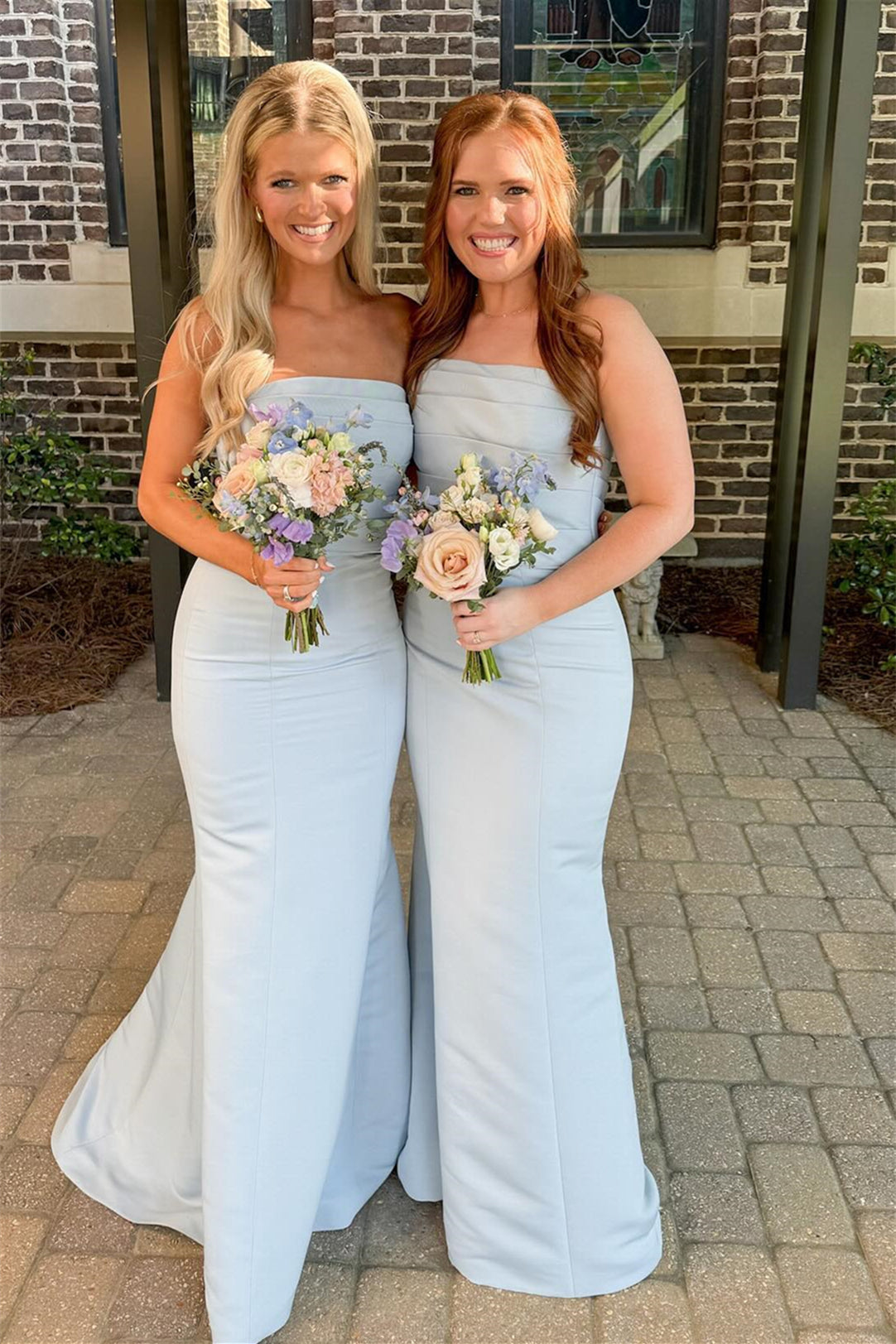 Strapless Ice Blue Pleated Mermaid Bridesmaid Dress Long