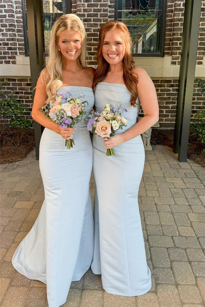 Strapless Ice Blue Pleated Mermaid Bridesmaid Dress Long