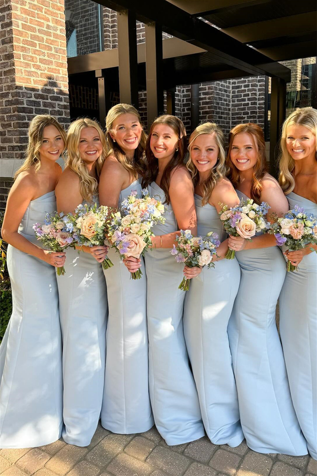 Strapless Ice Blue Pleated Mermaid Bridesmaid Dress Long