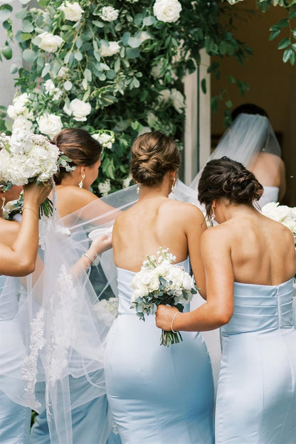 Strapless Ice Blue Pleated Mermaid Bridesmaid Dress Long