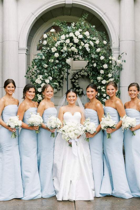 Strapless Ice Blue Pleated Mermaid Bridesmaid Dress Long