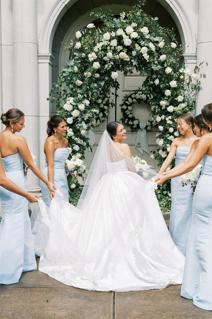 Strapless Ice Blue Pleated Mermaid Bridesmaid Dress Long
