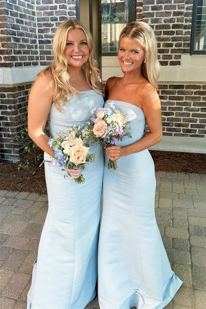Strapless Ice Blue Pleated Mermaid Bridesmaid Dress Long