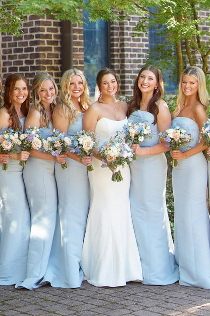 Strapless Ice Blue Pleated Mermaid Bridesmaid Dress Long