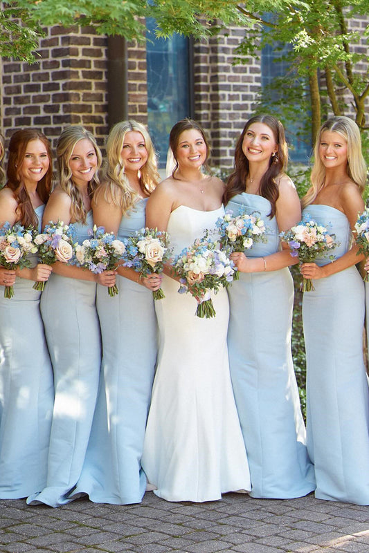 Strapless Ice Blue Pleated Mermaid Bridesmaid Dress Long