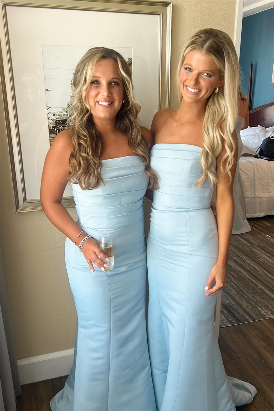 Strapless Ice Blue Pleated Mermaid Bridesmaid Dress Long