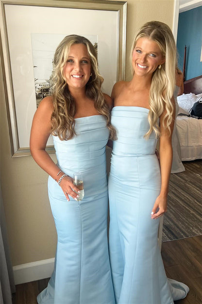 Strapless Ice Blue Pleated Mermaid Bridesmaid Dress Long