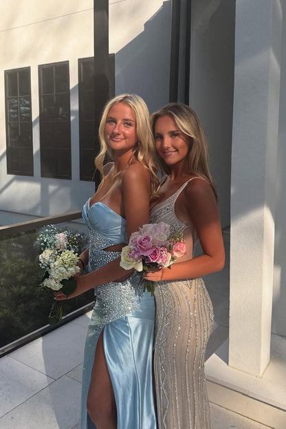 Elegant Strapless Light Blue Beaded Long Dress with Slit Women Birthday Dresses
