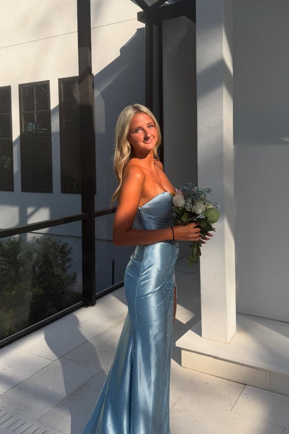 Elegant Strapless Light Blue Beaded Long Dress with Slit Women Birthday Dresses