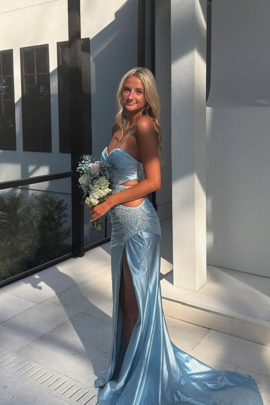 Elegant Strapless Light Blue Beaded Long Dress with Slit Women Birthday Dresses