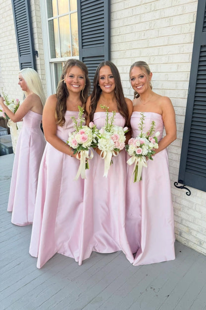 Strapless Light Pink Bridesmaid Dress with Pockets