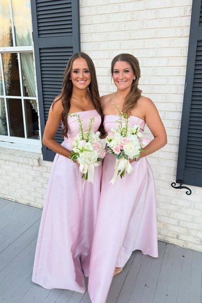 Strapless Light Pink Bridesmaid Dress with Pockets