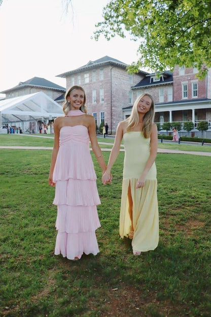 Strapless Light Pink Pleated Long Dress with Scarf Strapless Tiered Maxi Dresses
