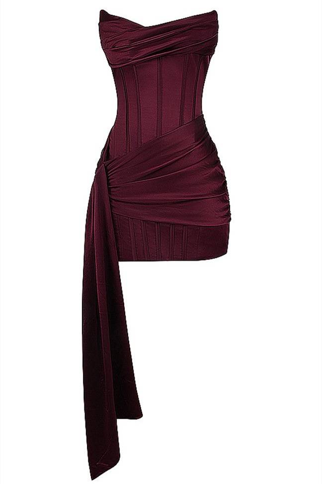 Strapless Mulberry Draped Corset Short Dress