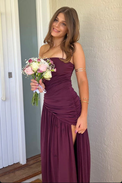 Strapless Mulberry Gathered Maxi Dress with Slit