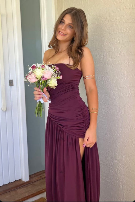 Strapless Mulberry Gathered Maxi Dress with Slit