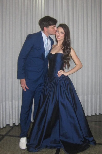 Strapless Navy Blue Ruched A-line Long Dress Formal Outfit