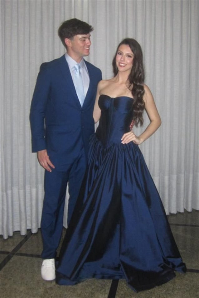 Strapless Navy Blue Ruched A-line Long Dress Formal Outfit