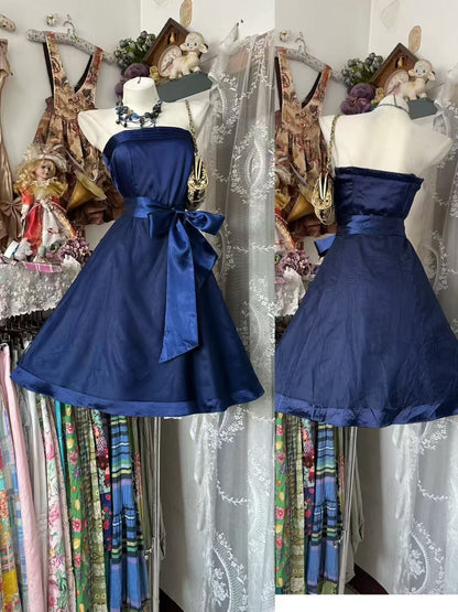 Navy Blue Strapless Satin Cocktail Dress A-line Party Dresses