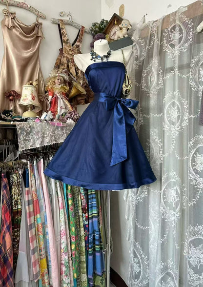 Navy Blue Strapless Satin Cocktail Dress A-line Party Dresses