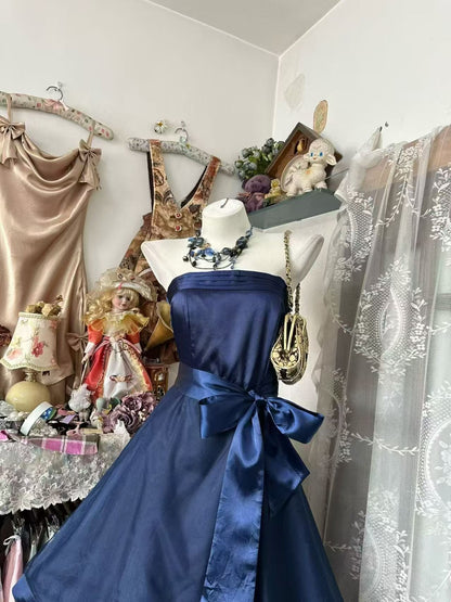 Navy Blue Strapless Satin Cocktail Dress A-line Party Dresses