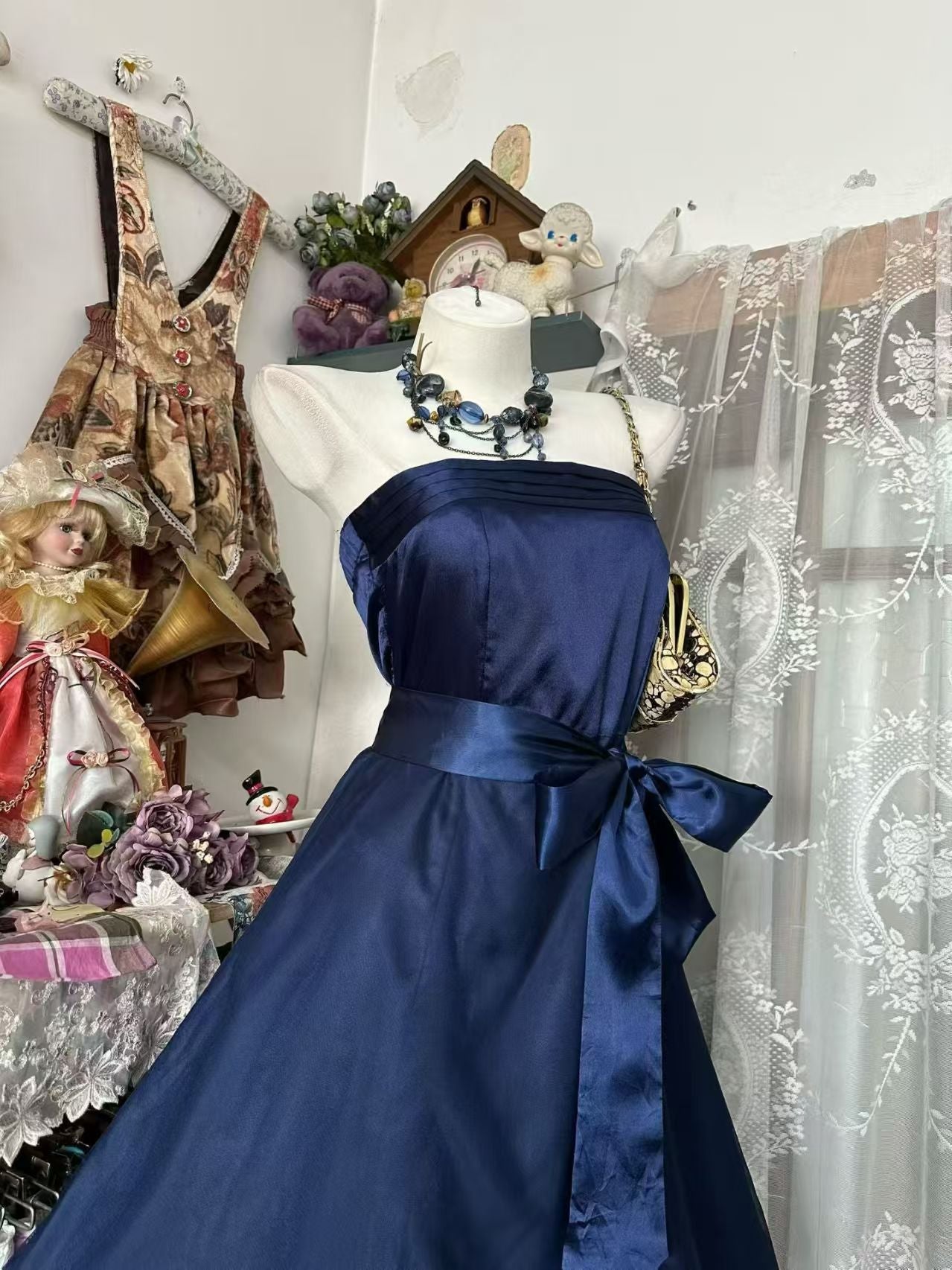 Navy Blue Strapless Satin Cocktail Dress A-line Party Dresses